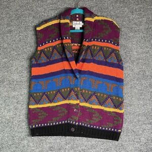 Rafaella Hand Knitted Sweater Vest Women M Button Front Vibrant Multi Color‎
